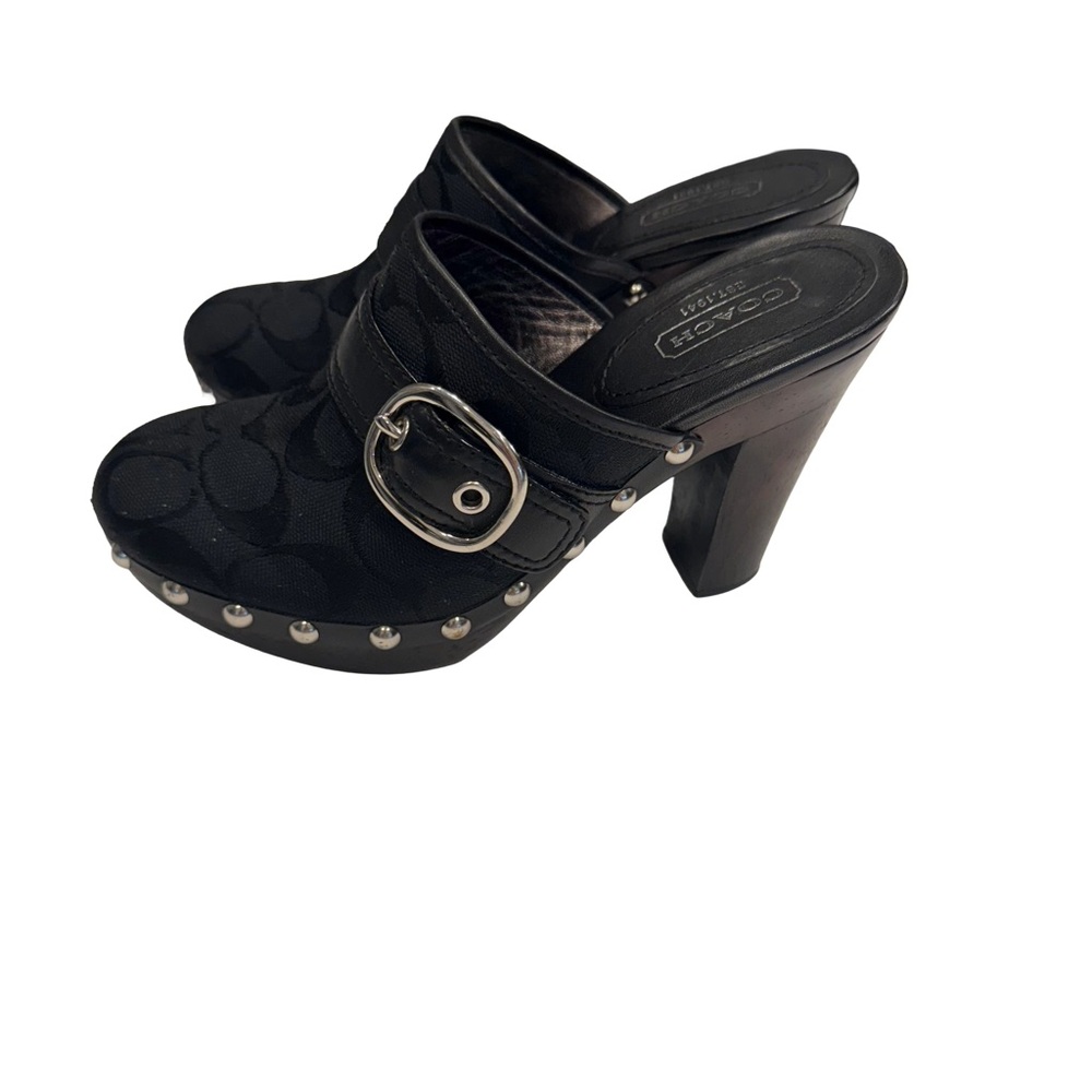 Coach Womens Willow Black Signature Mules / Clogs Heels Studs Buckle Sz 5 - Picture 2 of 14